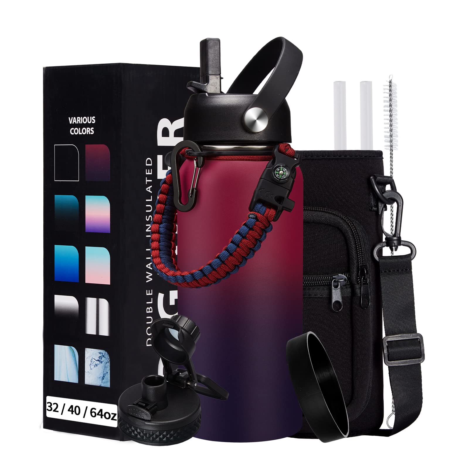 32OZ Insulated Water Bottle with Straw - Spout Lid  Sweat-Proof & BPA-Free Metal Reusable Water Bottles  Wide-Mouth Vacuum Insulated Bottle with Paracord Handle  Bottle Sleeve Bag & Protective Boot